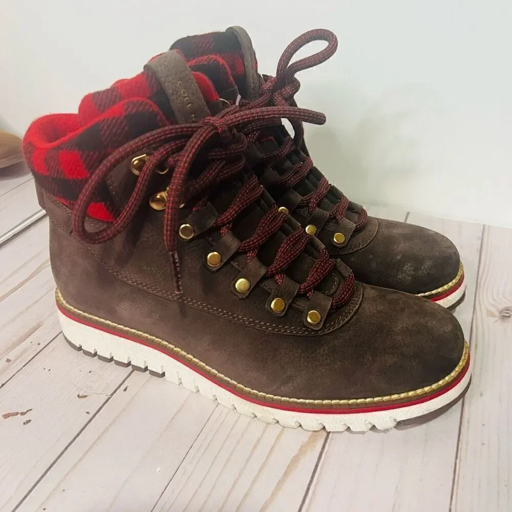 Cole Haan Grand Explore Brown Suede Ankle Boots Wool Buffalo Plaid Red Black Sz